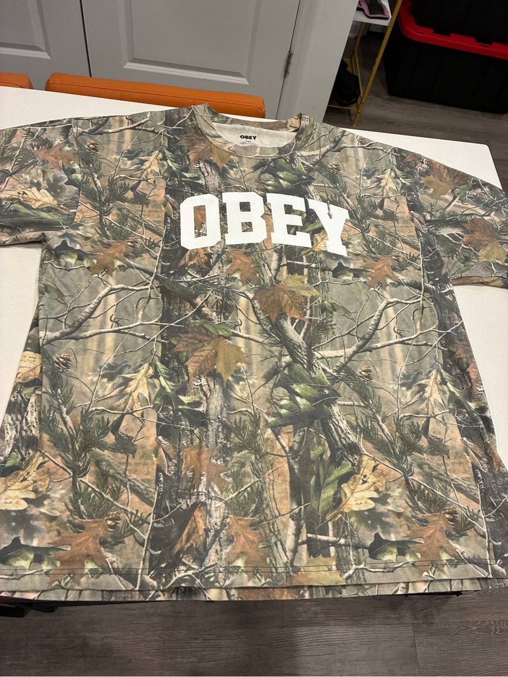 Obey Men's Camouflage Logo Tee - White Logo on Green/Brown Camo